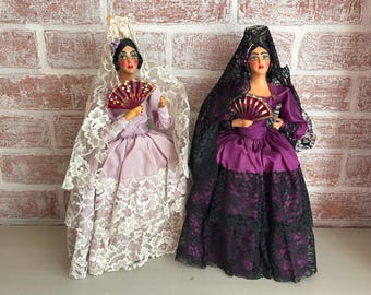 Set of 2 Munecos Carselle Flamenco Dolls – Mid Century 14.5" Mexican Lace Fan Dancers in Vintage Dresses