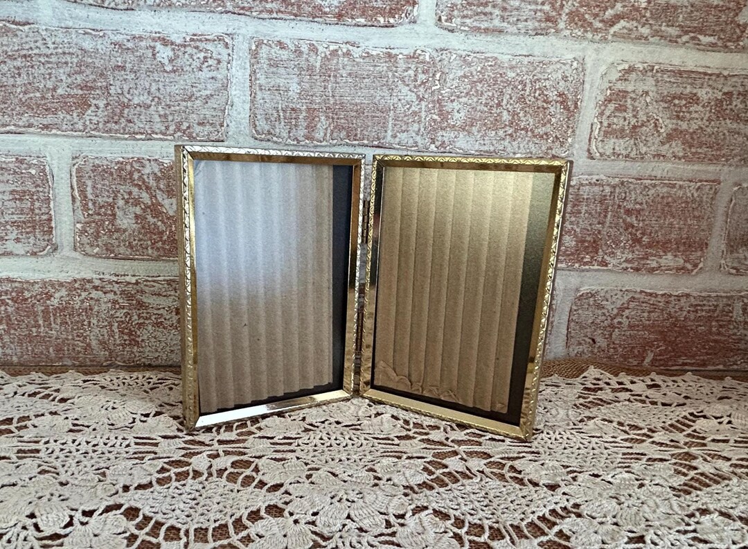 Vintage Style Gold Tone Double Picture Frame – Hinged Bifold Photo ...