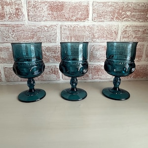 Vintage, Circa 1960&#39;s, Indiana Glass Kings Crown Thumbprint Pedestal Riviera Blue Goblets - Set of 3
