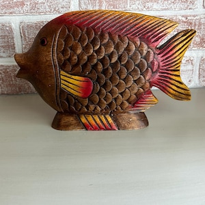 Vintage, Circa 1970s, Hand Carved Painted Wood Fish Figurine – Mid Century Folk Art Home Decor, 10” Long