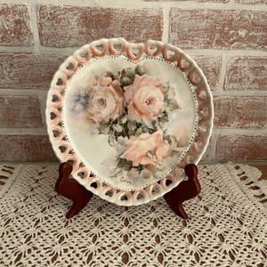 Vintage Shabby Chic Hand Painted Pink Roses Heart Shaped Lace Edged Trinket/Catchall Dish