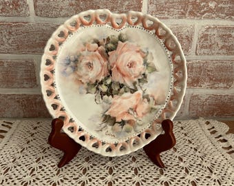 Vintage Shabby Chic Hand Painted Pink Roses Heart Shaped Lace Edged Trinket/Catchall Dish