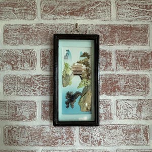 Vintage Japanese Shell Art Shadow Box Signed 3D Pagoda Landscape Mid Century Wall Decor