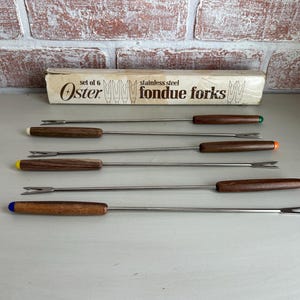 Vintage Set of 6 Oster Stainless Steel Wood Handled Fondue Forks in Original Box