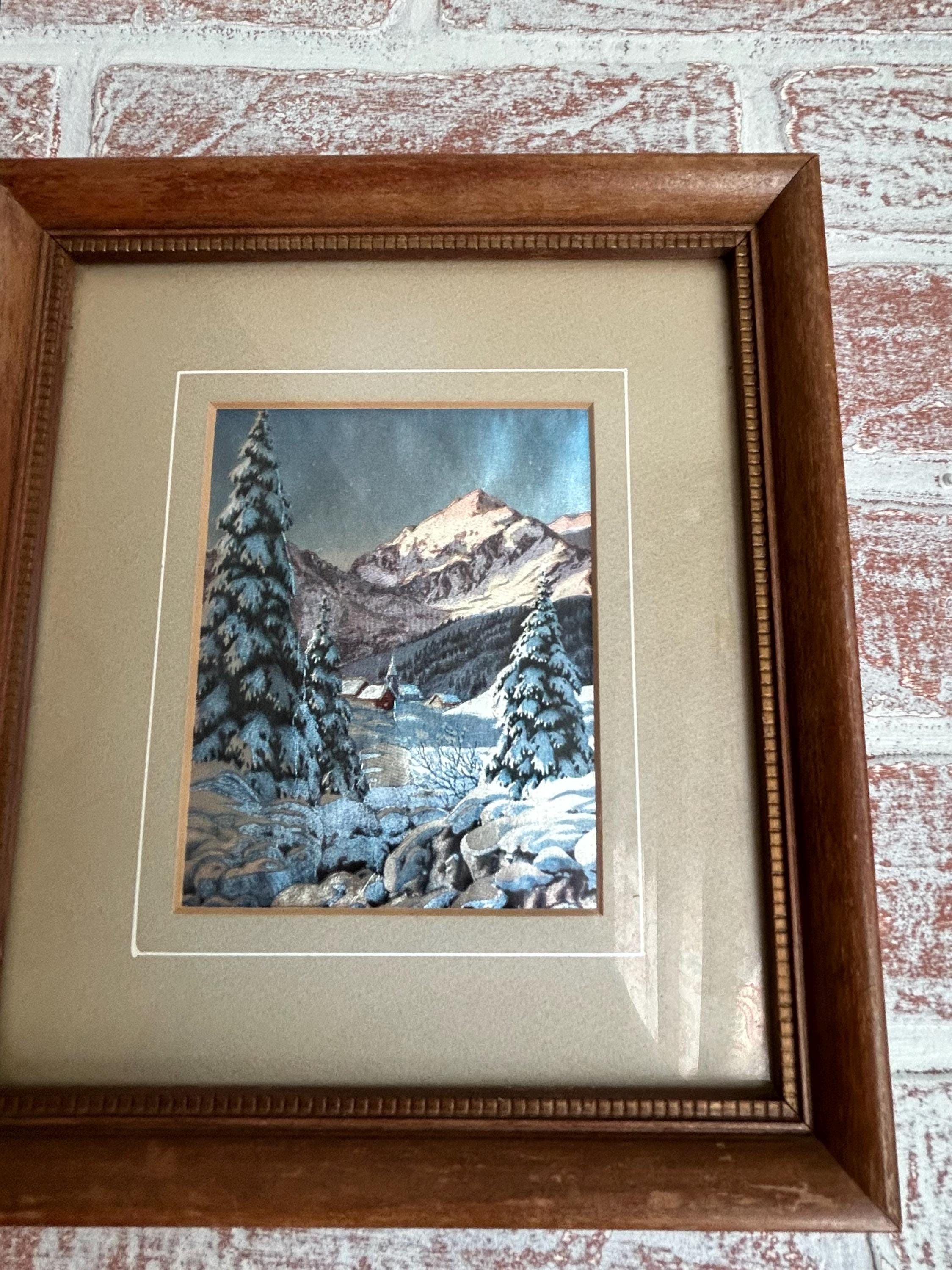 Vintage 1950s-1960s Foil Winter Scene Wall Art – Framed Metallic
