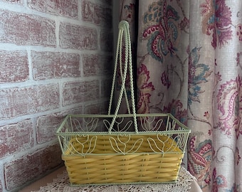 Vintage Faux Wicker & Metal Wire Gathering Basket with Tulip Design | Cottagecore Easter Basket | Mint Green Yellow Decor