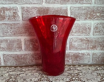 Vintage Margie’s Garden Hand Blown Red Art Glass Vase | Studio Artisans California | Large Flared Mouth Bubble Glass Vase