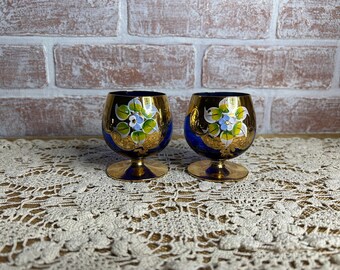 Set of 2 Mid Century 1950s-60s Norleans Rococo Cobalt Blue and Gold Snifters | Hand Painted 22K Gold Floral Glasses| Italian Vintage Barware