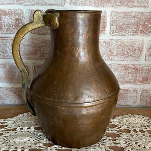 Antique Hand-Hammered Copper Pitcher/Jug with Brass Handle – Late 19th Century to Early 20th Century Ottoman Turkish Jug