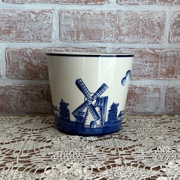 Vintage Delft Style Blue & White Ceramic Planter | Holland Windmill Cachepot | Dutch Countryside Pottery Planter | Cottagecore Décor