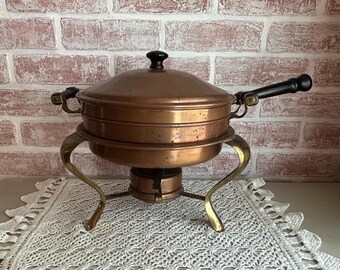 Mid-Century Copper & Brass Chafing Dish – Complete 6 Piece Set with Burner – Vintage Buffet Server