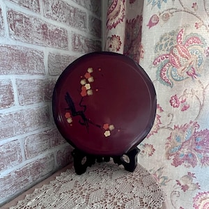 Vintage Japanese Faux Lacquer Lazy Susan Serving Tray – Cherry Blossom Snack Server – 4 Section Removable Divided Insert –Mid Century Modern