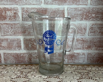 Vintage Pabst Blue Ribbon Beer Pitcher | 1970s PBR Glass Barware | Retro Breweriana Pub Décor