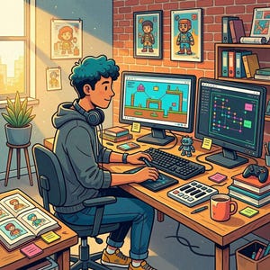 Op de afbeelding: Illustratie van een persoon aan een bureau met twee computermonitoren, een toetsenbord en een tekentablet. De persoon draagt een grijze hoodie en een koptelefoon. De monitoren tonen een videogame en code. Een klein robotfiguur staat op het bureau.