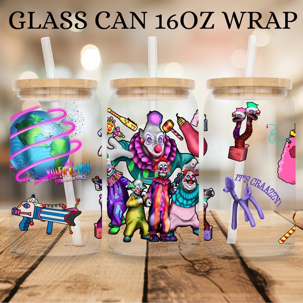 16oz Glass Can Cup Wrap Digital PNG DOWNLOAD - Halloween Movie, Horror Movie, Space Clowns, Spooky Cup Wrap