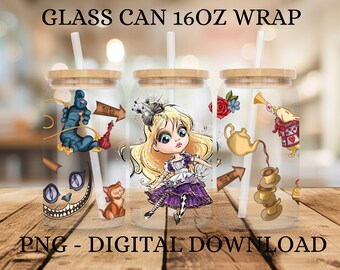 16 Unzen Glasdose Cup Wrap Digital PNG DOWNLOAD - Märchen-Wunderland, Wunderland-Mädchen, magisches Wunderland, Kaninchenbau, magische Katze