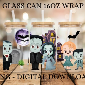 May include: Three 16oz glass can wraps featuring a cartoon family of monsters. The wraps include a vampire, Frankenstein, a female monster, a girl with blonde hair, and a werewolf. The wraps are designed for use on glass tumblers.