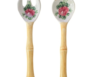 Vintage Italian Pottery Salad Server Set Cottagecore Pink Rose Bamboo Handle Farmhouse Kitchen Decor