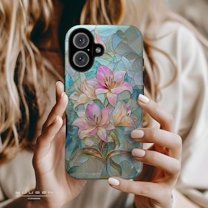 Stained Glass Lily Flower Phone Case,  iPhone MagSafe 13, 14, 15, 16 Pro Max; Samsung  S22, S23, S24