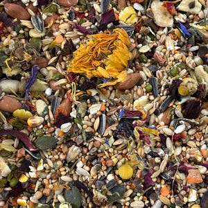 Puede incluir: Primer plano de una mezcla de semillas, frutos secos y flores secas. La mezcla incluye semillas de girasol, semillas de calabaza y varios granos, con una flor seca amarilla brillante en el centro. Producto alimenticio natural.