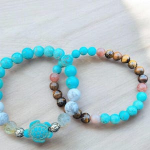 Beaded Turtle Bracelet Set Natural Crystal Handmade Summer Beach Stackable Beaded. Bracelet Set of 2 Gifts For Her, Gift for all occasions.
