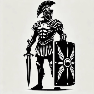 May include: Black and white illustration of a Roman soldier wearing a helmet and armor, holding a sword and shield. The shield has a starburst design.