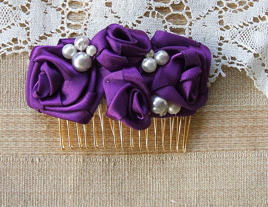 Hair Comb Ribbon Rose Handmade Plum Purple & Pearls Etsy