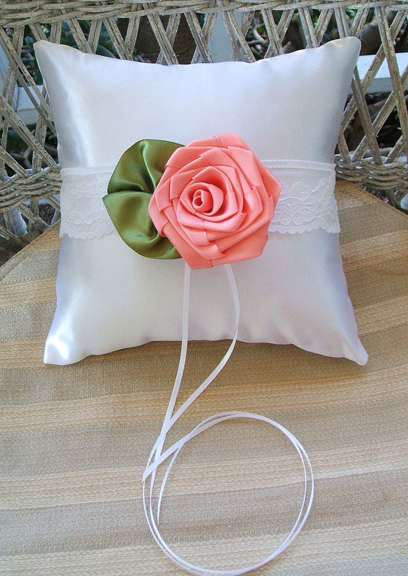 Choose White or Ivory Wedding Accessories Ring Bearer Pillow Handmade ROSE in Coral