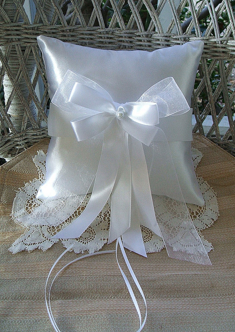 Wedding Ring Bearer Pillow in White Handmade RAPSODY