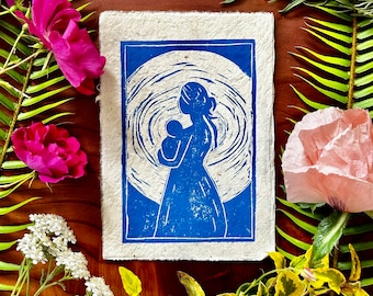 Mother & Baby Under the Full Moon Linocut Print 5x7” - Motherhood Art