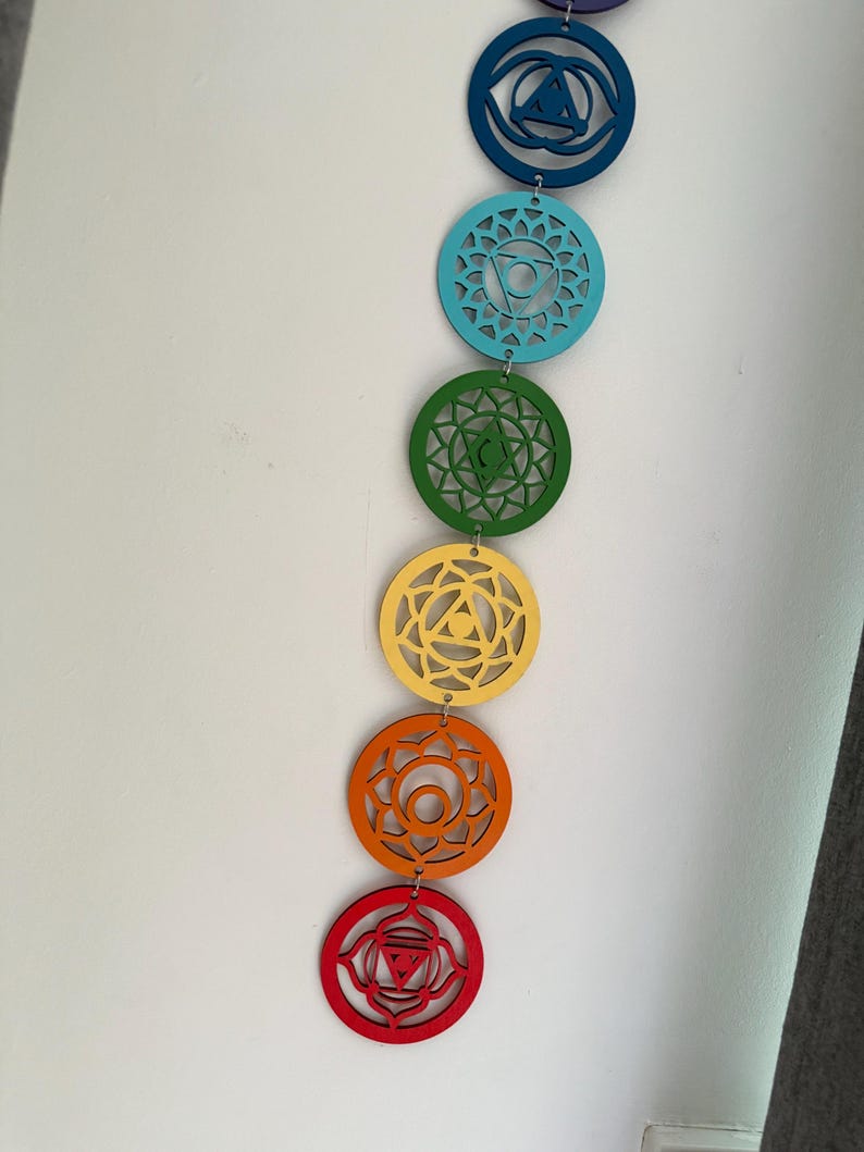 May include: A vertical display of seven colorful chakra symbols. Each symbol is a different color, including red, orange, yellow, green, blue, and purple. The circular symbols are connected by small metal rings.