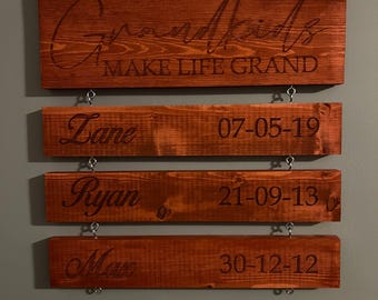 Personalized Wood Sign Names & Birthdates, Grandparent Gift
