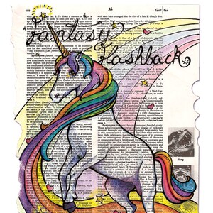Print: &quot;Fantasy Flashback&quot; Unicorn Dictionary Page, Print of Hand Drawn Illustration on Torn Dictionary Page