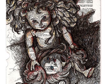 Print: Creepy Doll "Play Time" Dictionary Page, Print of Hand Drawn Illustration on Torn Dictionary Page