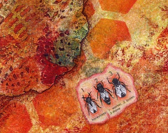 Collage original d'abeilles monochromes - 10 x 10 cm - Abeilles - Artiste Maia Palmer