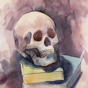 Print: &quot;The Studious Skull&quot; Watercolor, Print of Original Watercolor Painting