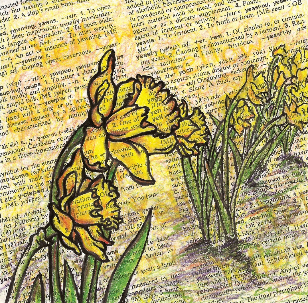 Original Drawing Daffodils, Dictionary Page, Colored Pencil and Ink