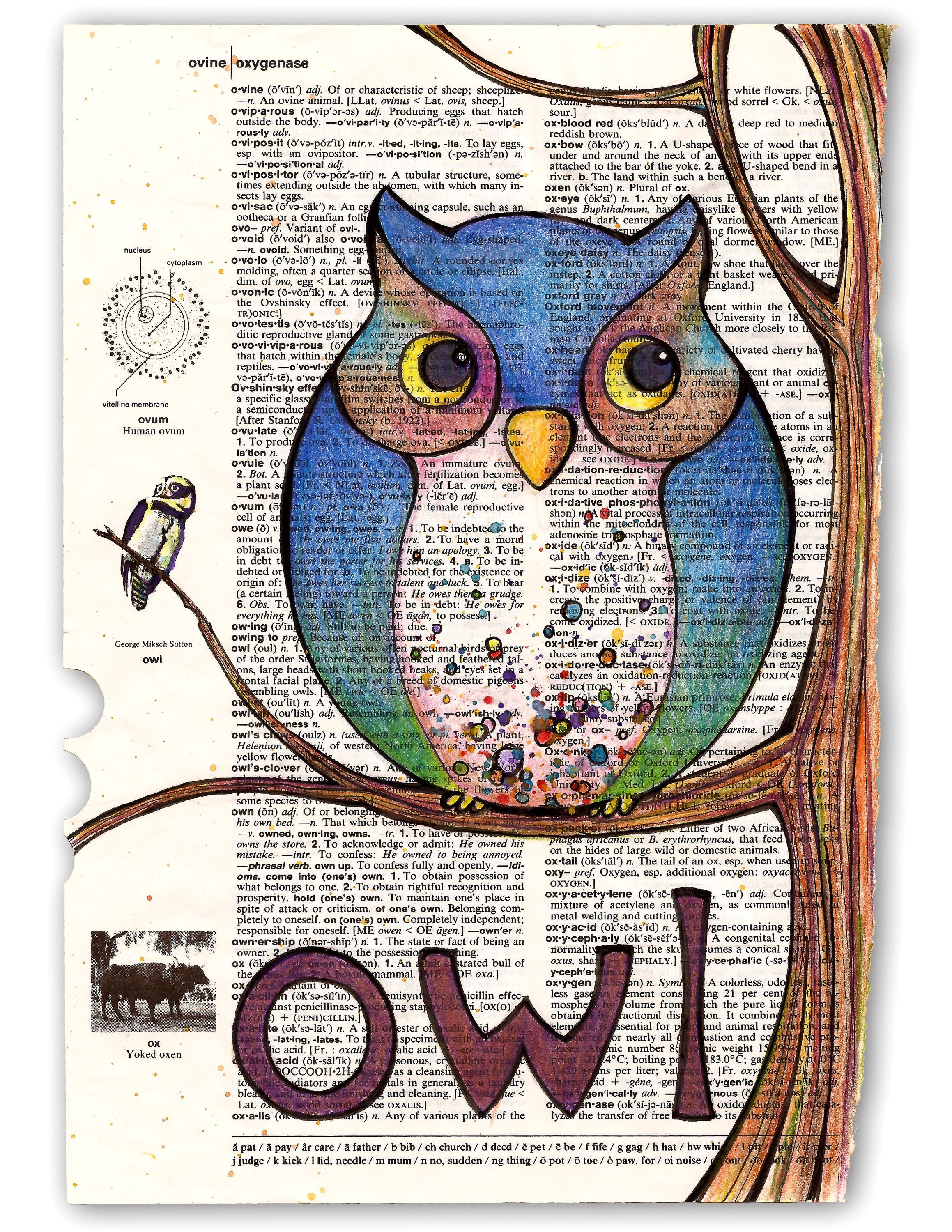 Original Art: Cute Owl on Branch, Hand Drawn Illustration on Torn Dictionary Page