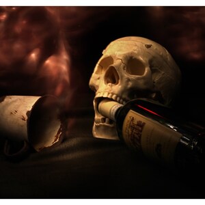 Print: Light Painting of Skull Drinking Wine with Cup