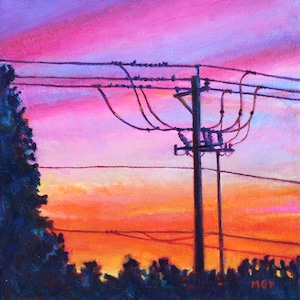 Original Oil Painting - 6&quot; x 6&quot; - Riverfront Sunset - Delaware - Artist Maia Palmer