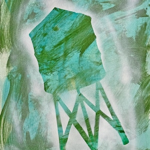 以下が含まれることがあります： 緑とティール色の抽象的なウォータータワーの絵画。白と緑の背景に描かれています。このアートワークは、テクスチャード加工された筆致スタイルを特徴とし、構造物のダイナミックで芸術的な表現を生み出しています。