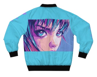 Chaqueta bomber de anime con ojos estrellados retro neón, moda de anime, chaqueta bomber, ropa de abrigo