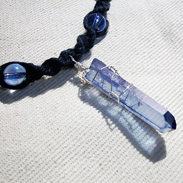 Indigo Celestial Aura Quartz Crystal Magnetic Black Blue Hemp Necklace - Hemp Jewelry - Blue Quartz Crystal Necklace - Indigo Celestial Aura