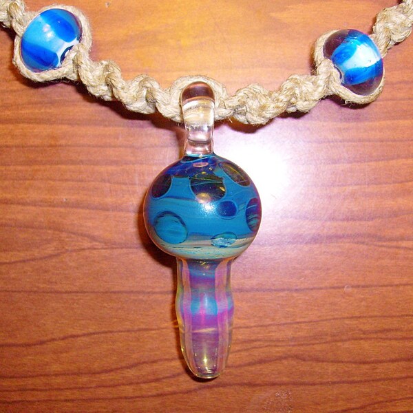 Psychedlic Blue Mushroom Pipe Bead Hemp Necklace