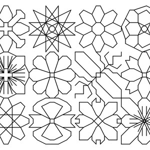 May include: A black and white digital illustration of 12 different geometric patterns. The patterns are arranged in a grid of four rows and three columns. Each pattern is a unique design with intricate lines and shapes.