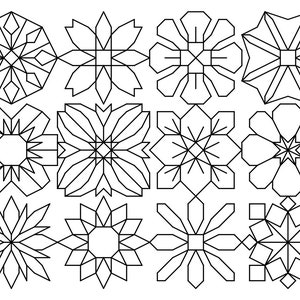 May include: A set of twelve black and white geometric snowflake designs. Each snowflake is unique and intricate, with a variety of shapes and patterns.