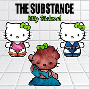 Puede incluir: ¡Pegatinas de Kitty! La imagen presenta tres pegatinas del icónico personaje de dibujos animados, cada una con un diseño único. Una lleva un traje de baño rosa, otra un traje de baño azul y la tercera tiene una apariencia de zombi. Se muestra el texto "THE SUBSTANCE" y "Kitty Stickers!"