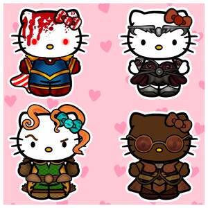May include: Four Hello Kitty character illustrations on a pink background with heart shapes. Each Kitty is dressed in a unique costume, including a superhero, a warrior, and a steampunk design. The characters have different colored bows and outfits.
