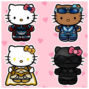 May include: Four cartoon illustrations of Hello Kitty characters dressed as superheroes. The characters are white, brown, and black, with bows and costumes in red, blue, gold, and black. The background is pink with heart shapes.