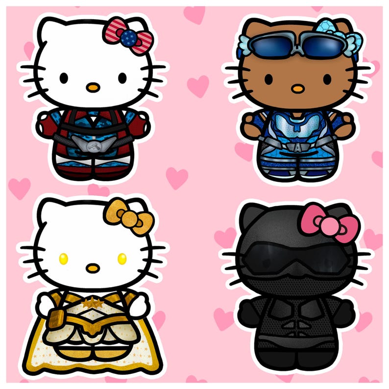 May include: Four cartoon illustrations of Hello Kitty characters dressed as superheroes. The characters are white, brown, and black, with bows and costumes in red, blue, gold, and black. The background is pink with heart shapes.